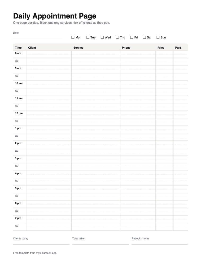 Daily appointment page: date, weekday, 30-minute time slots from 8 am to 8 pm with columns for client, service, phone, price and paid, plus daily totals