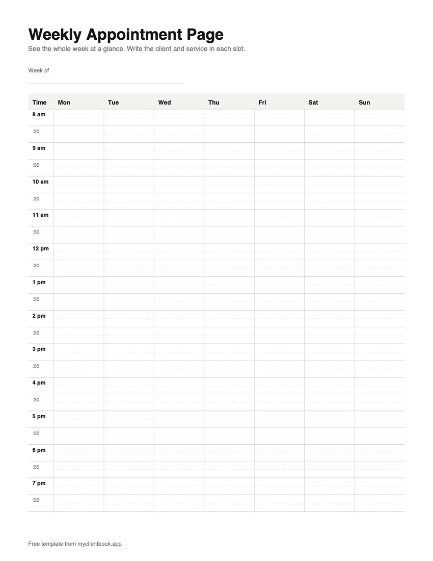 Weekly appointment page: Monday to Sunday columns with 30-minute time slots from 8 am to 8 pm