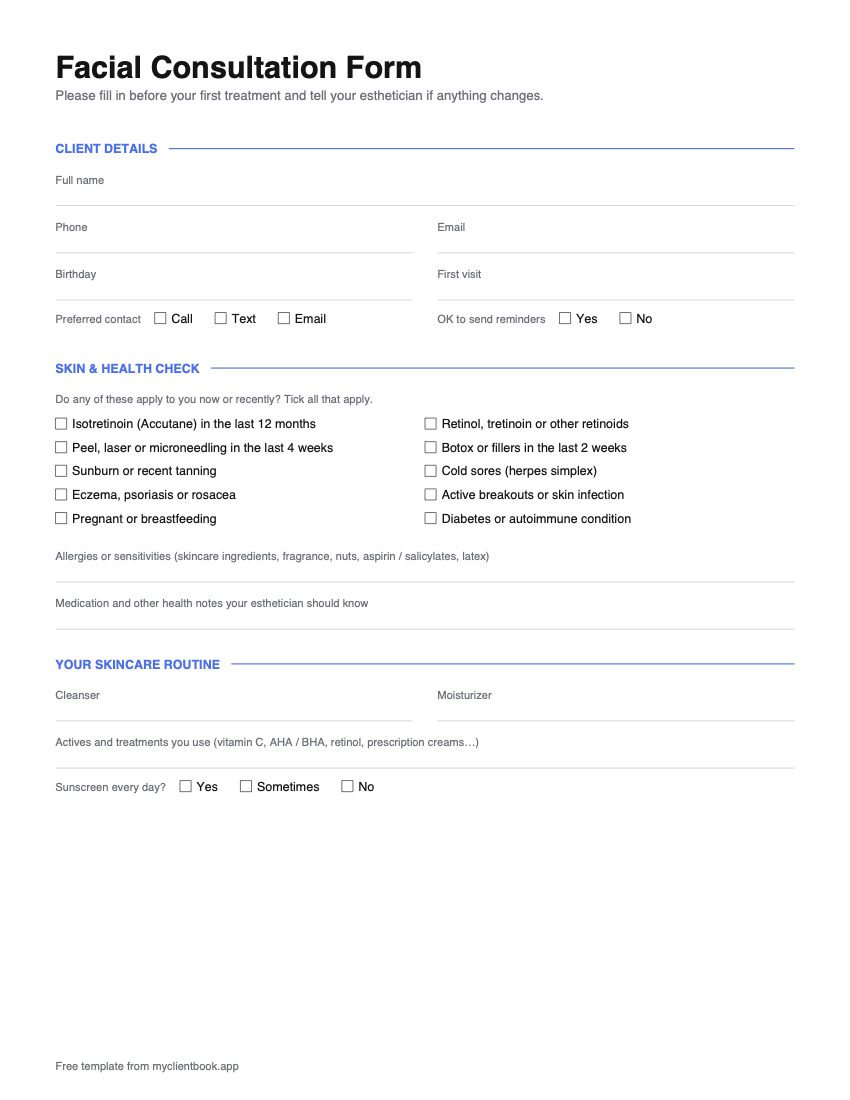 Facial consultation form, page 1: client details, skin and health check, allergies, medication and skincare routine