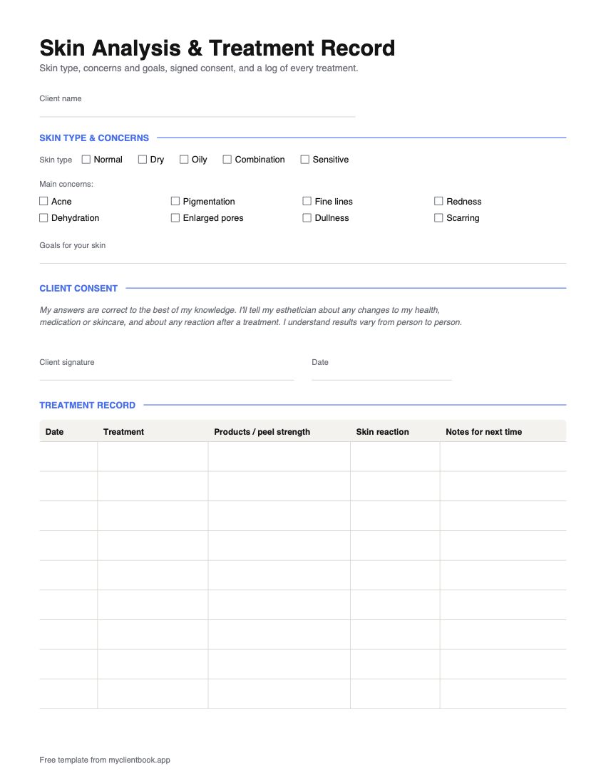 Facial consultation form, page 2: skin type, main concerns, goals, client consent with signature, and a treatment record table