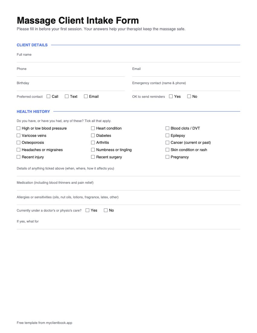 Massage client intake form, page 1: client details, emergency contact, health history checklist, medication, allergies and doctor's care