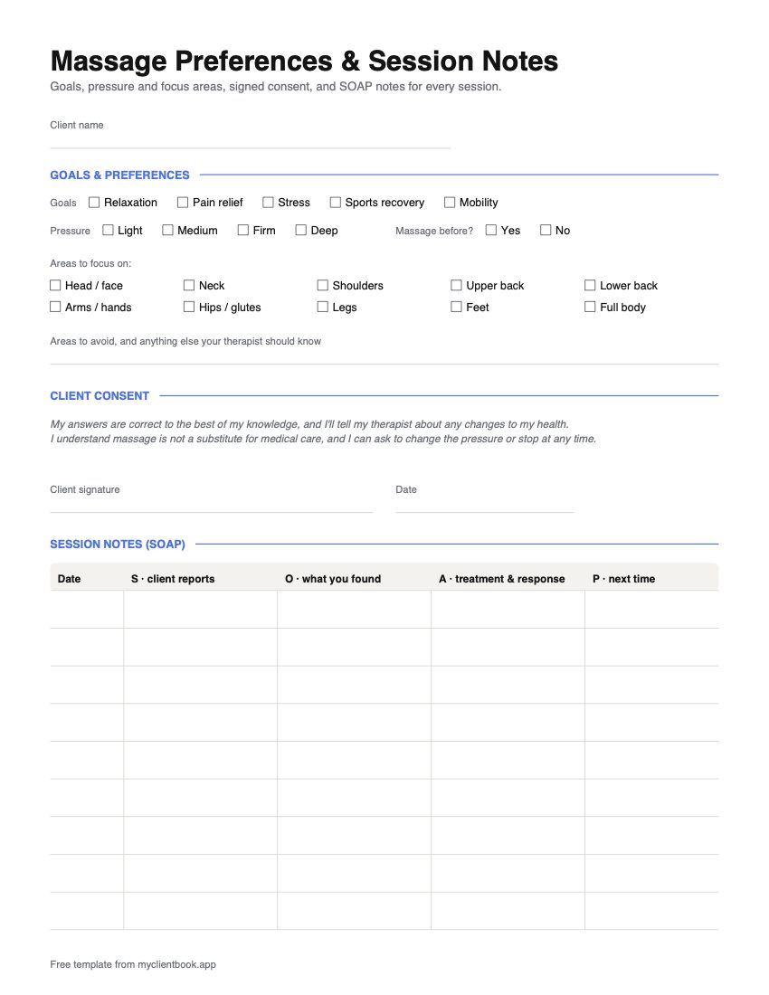 Massage intake form, page 2: goals, pressure, areas to focus on and avoid, client consent with signature, and a SOAP session notes table