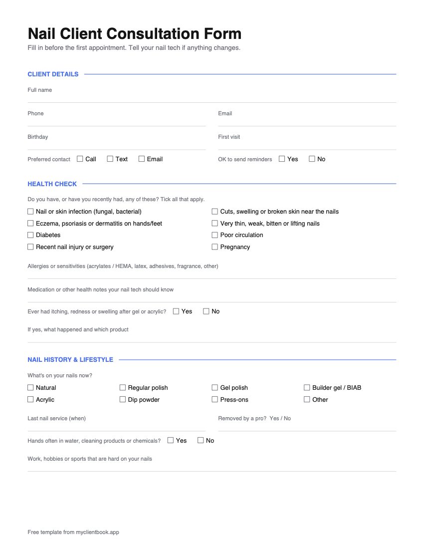 Nail consultation form, page 1: client details, health check, allergies, reactions to gel or acrylic, nail history and lifestyle