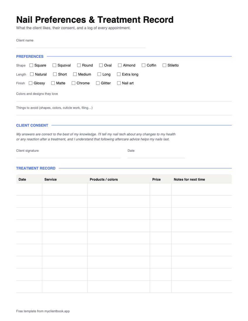 Nail consultation form, page 2: shape, length and finish preferences, client consent with signature, and a treatment record table