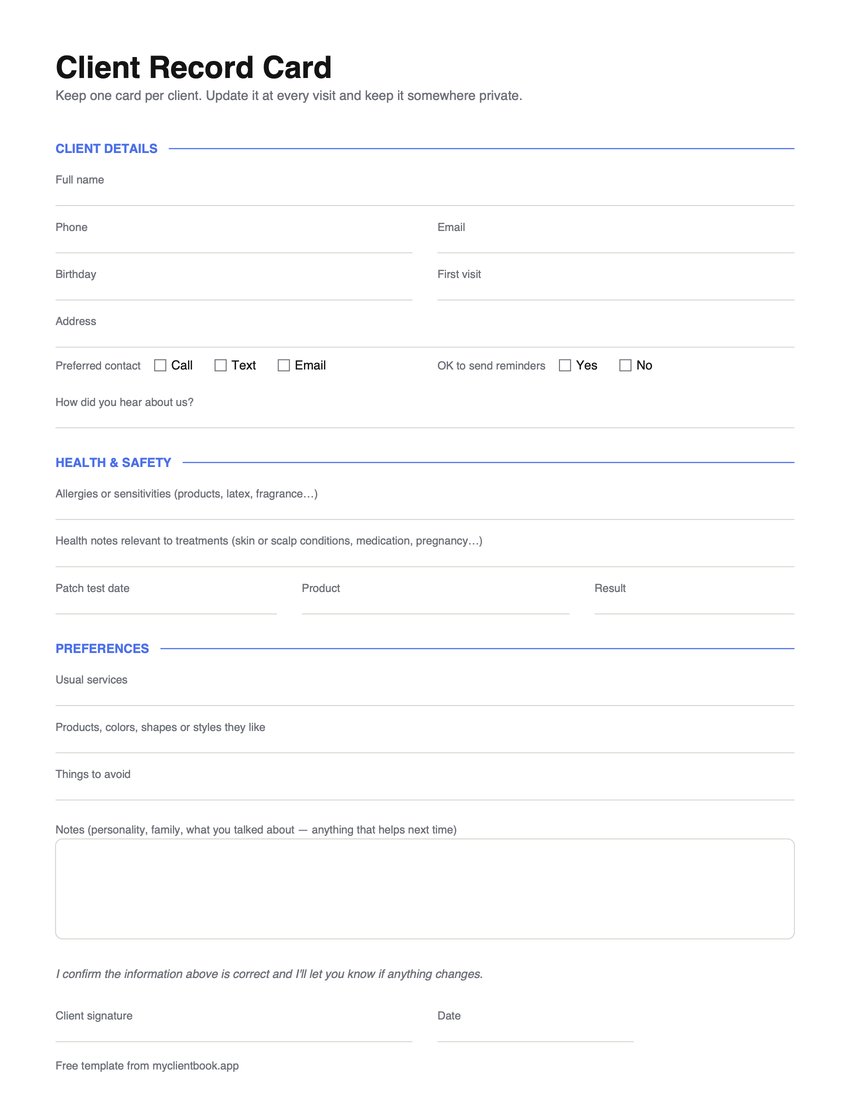 Client record card template, page 1: client details, preferred contact, allergies, patch test, preferences, notes and client signature