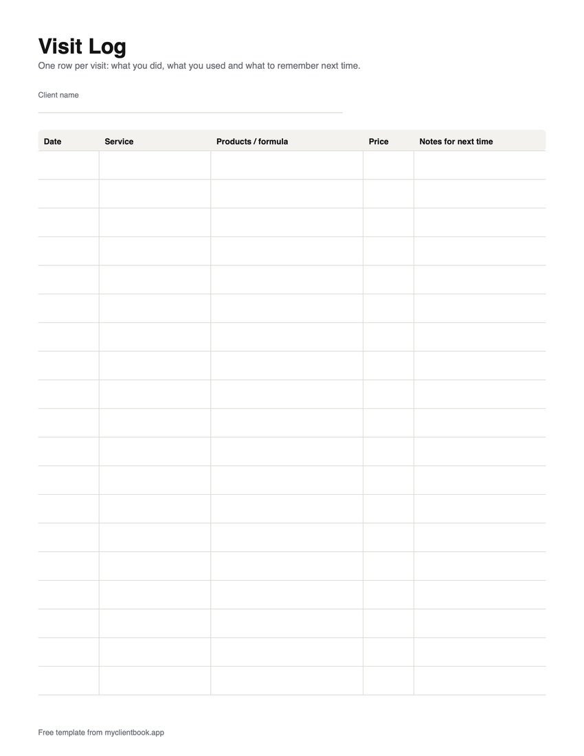 Client record card template, page 2: visit log table with date, service, products or formula, price and notes for next time